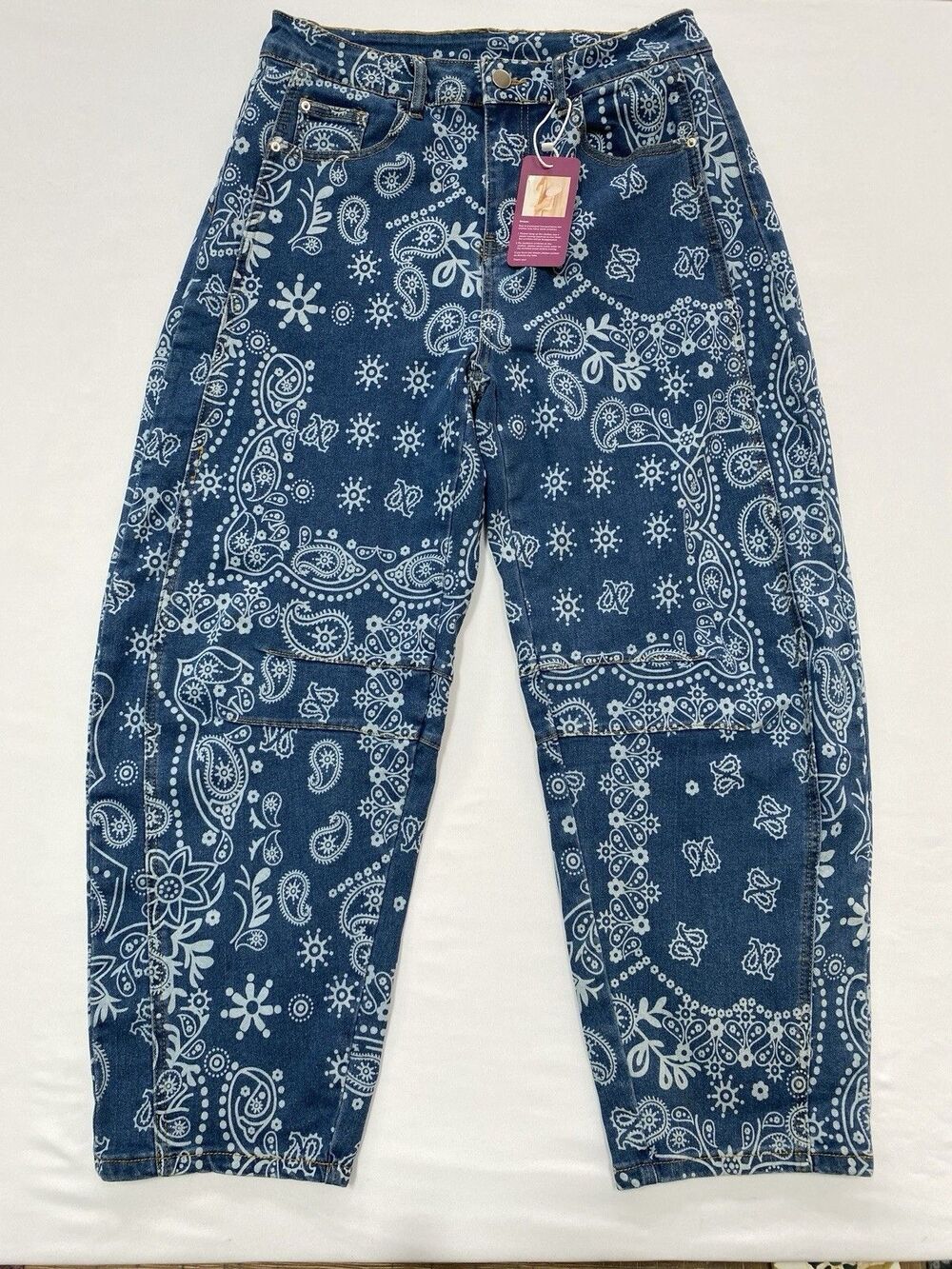 Loveimgs Paisley Jeans Women Size M Blue NWT Bandana Print Barrel Leg Pant